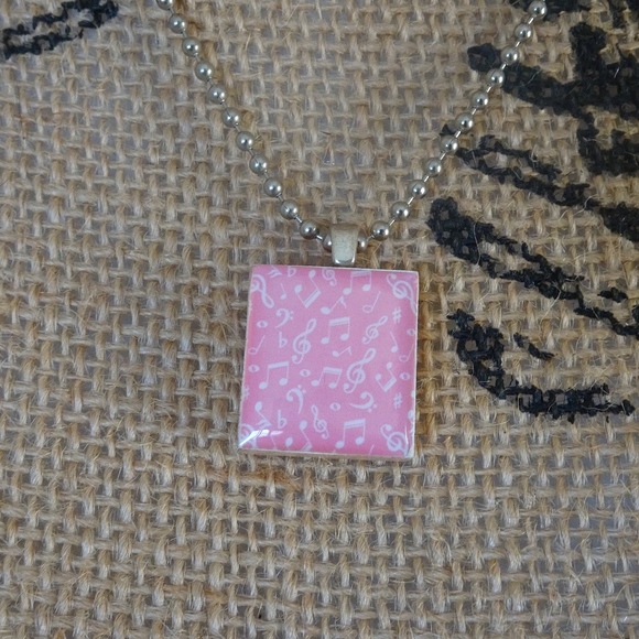 Pink Music Note Scrabble Tile Pendant Upcycled Repurposed Game Piece Necklace - Picture 8 of 8